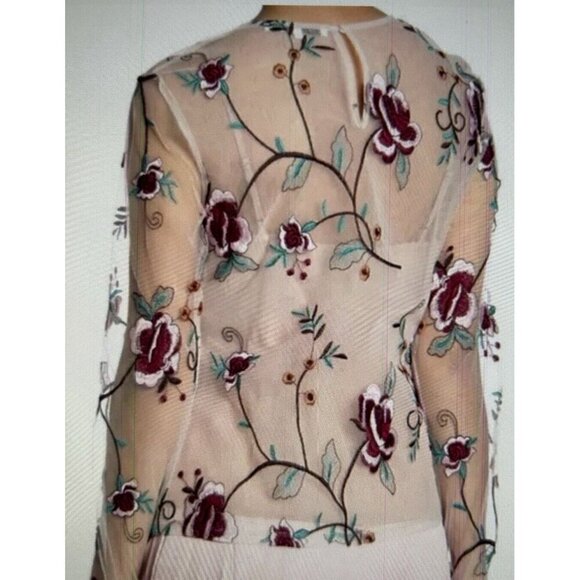 Endless Rose Long Sleeve Round Neck Embroidered Floral Mesh Top Beige/Red Size S - Picture 2 of 13
